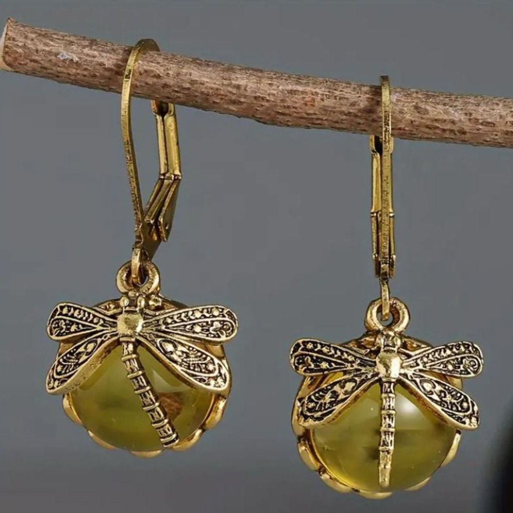 NEW Romantic Golden Yellow Cabochon Dragonfly Earrings Pierced Boho